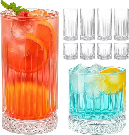 Ruckae Drinking Glasses Set of 8,15 oz and 7 oz Kitchen Water Glass Cups Set,Clear Ribbed Glassware Dishwasher Safe,Mixed Drinkware for Beer,Juice,Cocktail,Whiskey,Milk and Various Mixed Drinks