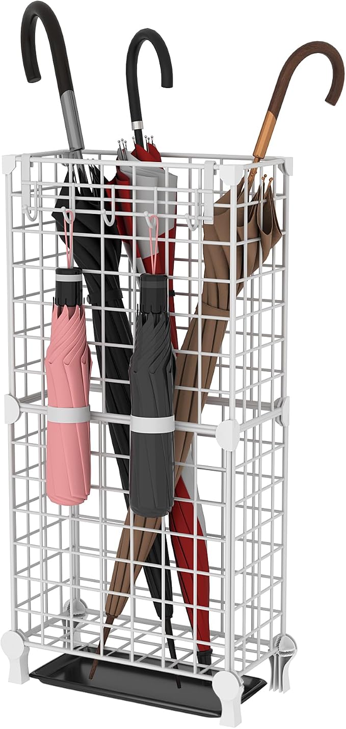 AWTATOS Umbrella Holder Entryway, Umbrella Stand Freestanding, Metal Square Umbrella Rack Organizer with a Removable Drip Tray, Hooks, White