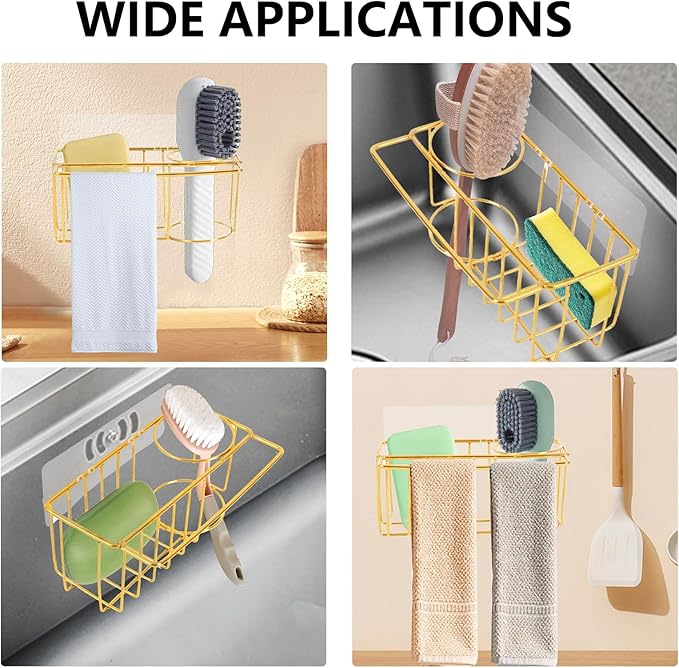 blueden 3-in-1 Adhesive Sink Caddy Kitchen Sink Organizer,Stainless Steel Sponge and Brush Holder for Kitchen Sink,Suitable for Sponges,Dish Cloth,Scrubbers, Soap, Kitchen, Bathroom.Gold