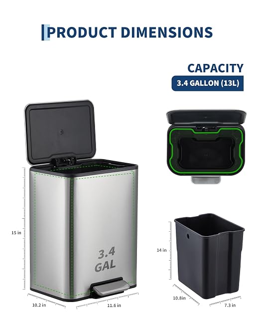 3.4 Gallon/13 Liter Trash Can, Stainless Steel Step Garbage Can with Quiet Soft-Close Lid, Foot Pedal & Removable Inner Bucket, Rectangular Trash Bin for Bathroom Home Office, Silver