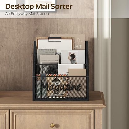 YATINEY Magazine Holder, Wood Magazine Rack Floor, Mail Organizer Countertop, Magazine Mail Holder Sorter, Record Holder for Magazines, Books, Newspapers, Tablets, Black MR02BB