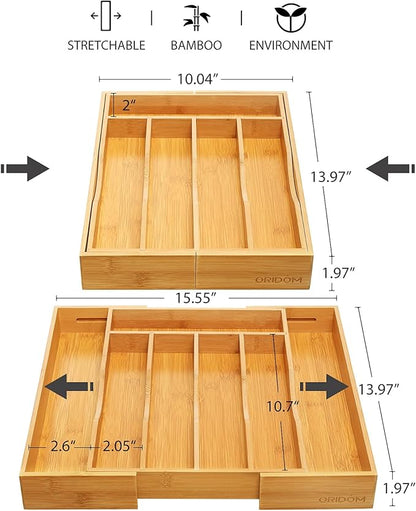 Expandable Bamboo Kitchen Drawer Organizer for Cutlery and Utensils, Adjustable Bamboo Wood Cutlery Tray in Drawer for Flatware and Silverware in Kitchen, (Natural)