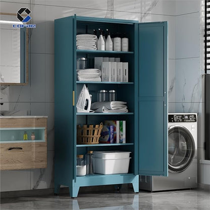 COFaR 71 in Tall Kitchen Pantry Cabinet, Metal Pantry Storage Cabinet with 4 Adjustable Shelves and 2 Barn Doors, Freestanding Farmhouse Food Cupboard for Dining Room, Peacock Blue 5-Tier