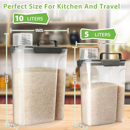 Viretec Rice Storage Container, 15 to 20lb Dry Food Airtight Dispenser, Pet Dog Cat Food Canister, BPA Free Clear Plastic Kitchen and Pantry Bin for Oatmeal, Cereal, Pasta, Flour Pack of 2 Grey