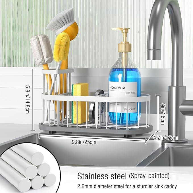 HOKEMOM White Sponge Holder for Kitchen Sink,Sink caddy organizer - 2.6mm Thick 304 Stainless Steel Caddy with Rust-Proof Coating, Non-Slip No-Drain Base. Dimensions: 9.84" x 4.72" x 5.83"
