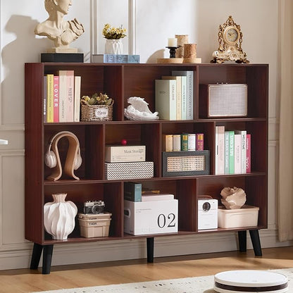 LEYAOYAO 10 Cube Bookshelf, 3 Tier Vintage 55" Wide Bookcase with Legs, Mid-Century Wood Bookshelves Storage, Walnut Large Book Case, Freestanding Organizer Display Shelf for Living Room, Office