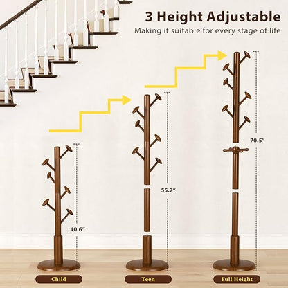 Solid Wood Coat Rack Freestanding Coat Tree with 10 Hooks for Bedroom, Livingroom, Entryway, Sturdy Coat Hanger Stand for Hats, Coats, Scarves, Handbags, Purses