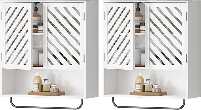 Wall Mounted Bathroom Cabinet with Openwork Doors and Towel Bar, Extra Deep Over The Toilet Storage, Waterproof Farmhouse Medicine Cabinet for Bathroom, Laundry Room (23.6"x8.3"x23.6", White, 2PCS)