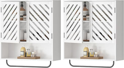 Wall Mounted Bathroom Cabinet with Openwork Doors and Towel Bar, Extra Deep Over The Toilet Storage, Waterproof Farmhouse Medicine Cabinet for Bathroom, Laundry Room (23.6"x8.3"x23.6", White, 2PCS)