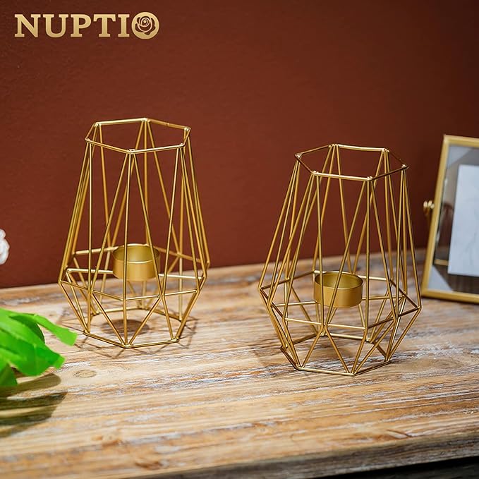 2 Pcs Metal Hexagon Shaped Geometric Design Tea Light Votive Candle Holders, Iron Hollow Tealight Candle Holders for Vintage Wedding Home Decoration, Gold (L + L)
