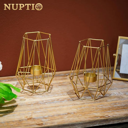 2 Pcs Metal Hexagon Shaped Geometric Design Tea Light Votive Candle Holders, Iron Hollow Tealight Candle Holders for Vintage Wedding Home Decoration, Gold (L + L)