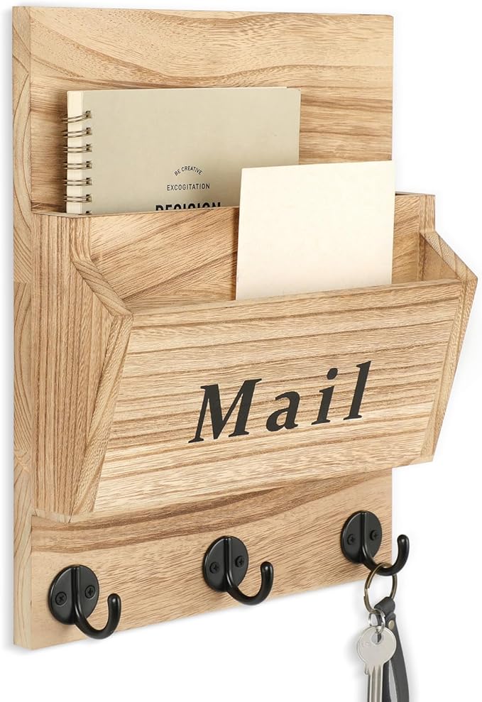 Mail and Key Holder - Decorative 8.86" x 11.42" Wall Key Hanger with 2 Mail Organizer Slots and 3 Hooks - Real Paulownia Wood with Keyhole Brackets, Hardware and Instructions (Wood)