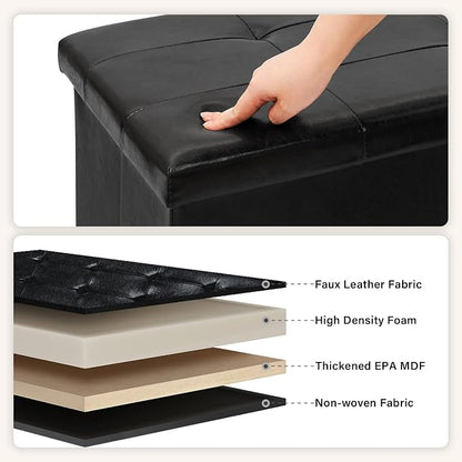 PINPLUS Folding Storage Ottoman Bench, Black Faux Leather Long Ottoman Chest, Footrest Seat, Blanket Storage for Living Room Bedroom Office Hallway, 43.3"x15"x15"