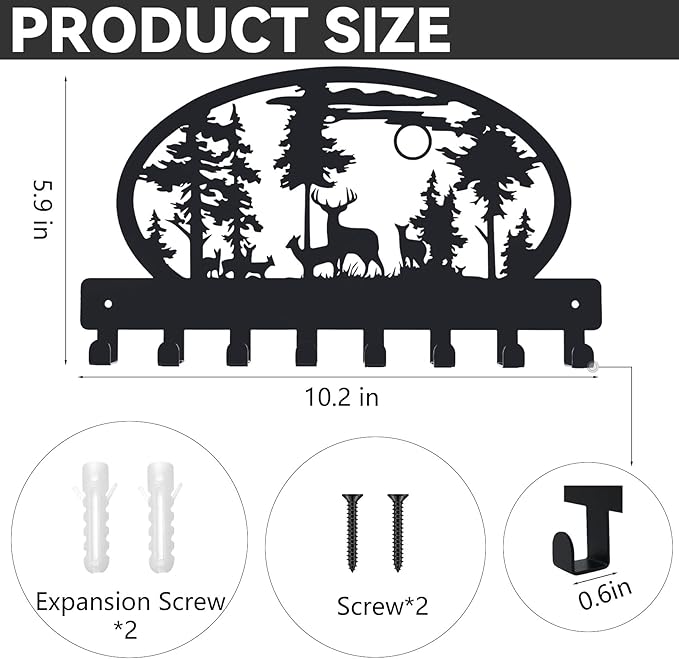 Black Key Hooks Holder for Wall Mounted with 8 Hooks, Metal Deer Cabin Key Hanger Rack Wall Decorative for Home, with Mounting Hardware, Dog Leash Holder, Entryway, Hallway, Office Ready to Hang
