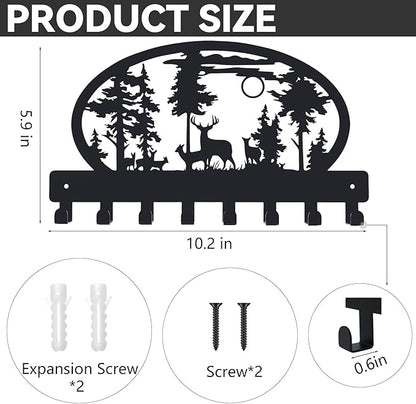 Black Key Hooks Holder for Wall Mounted with 8 Hooks, Metal Deer Cabin Key Hanger Rack Wall Decorative for Home, with Mounting Hardware, Dog Leash Holder, Entryway, Hallway, Office Ready to Hang