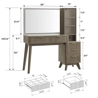 RedLemon 48" Fluted Vanity Desk with 36" Large HD Mirror and Lights, Modern Wood Glass Tabletop Makeup Table with Adjustable Storage Shelves, 5 Drawers, Charging Station for Bedroom, Alder Grey