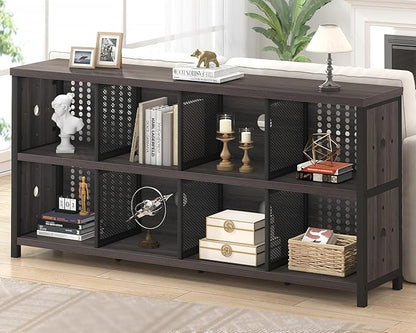 LVB Industrial Horizontal Bookcase, Rustic Wood 4 5 6 7 8 Cube Bookshelf, Modern Wide Long Low Book Shelf, Vintage Large Open Cube Storage Organizer for Office Bedroom Living Room, Dark Gray Oak 63 In