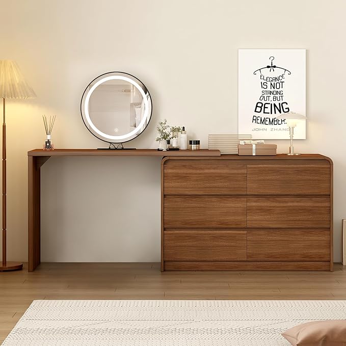 Makeup Vanity Desk with Mirror and Lights, 50-90inch Extendable Mid Century Walnut Makeup Dresser Combo with 47 Inch 6 Drawer Dresser and L Shaped Vanity Desk, Without Stool, Brown