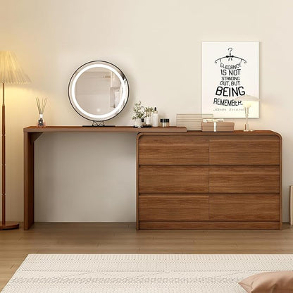 Makeup Vanity Desk with Mirror and Lights, 50-90inch Extendable Mid Century Walnut Makeup Dresser Combo with 47 Inch 6 Drawer Dresser and L Shaped Vanity Desk, Without Stool, Brown