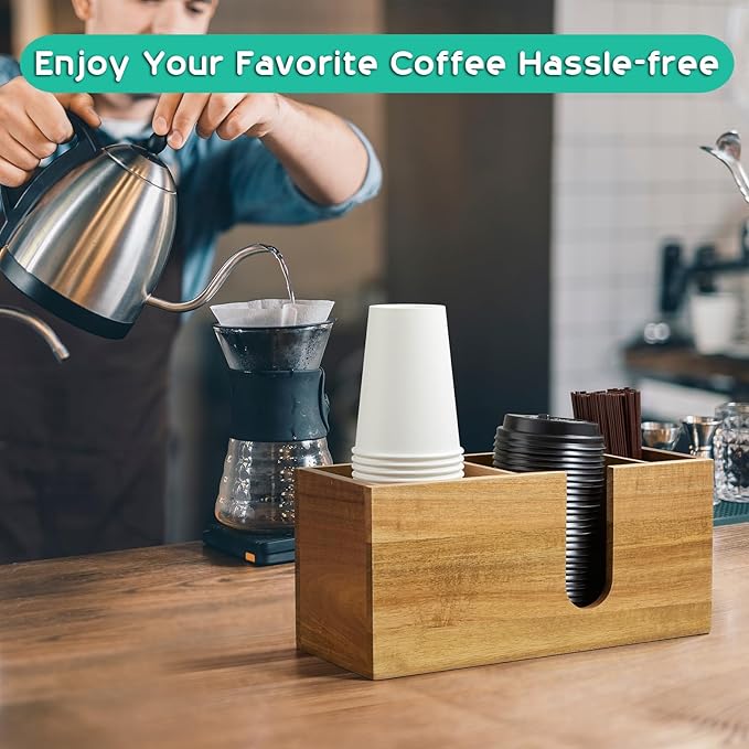 ALELION Large Acacia Wood Coffee Cup Organizer for Disposable Cups, Lids and Stir Sticks - 3-Compartment Countertop Cup Holder Storage Rack for Coffee Station, Kitchen, Office