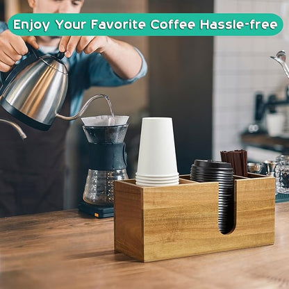 ALELION Large Acacia Wood Coffee Cup Organizer for Disposable Cups, Lids and Stir Sticks - 3-Compartment Countertop Cup Holder Storage Rack for Coffee Station, Kitchen, Office