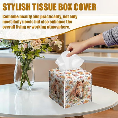 Horse Floral Tissue Box Cover 2PCS, Leather Tissue Box Holder Square Facial Paper Case Tissue Box Cube Organizer for Bathroom Bedroom Desk Office