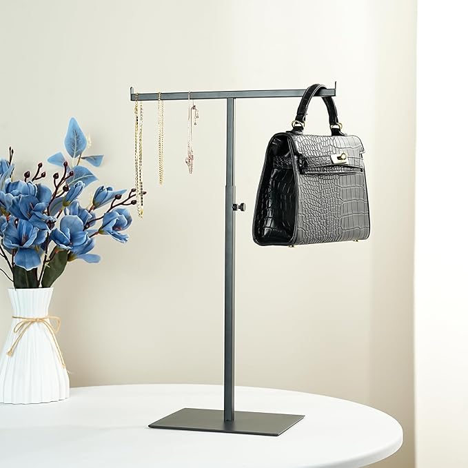 Display Stand Stainless Steel Jewelry Towers Bag Stand Tabletop Double Hook Hanging Jewelry Stands for Necklaces Organizer Stand Adjustable Height Home Store Boutique, Black