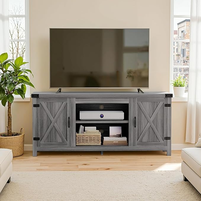 YESHOMY Modern Farmhouse TV Stand with Two Barn Doors and Storage Cabinets for Televisions up to 65+ Inch, Entertainment Center Console, Media Furniture for Living Room, 58 Inch, Gray Wash & Rustic