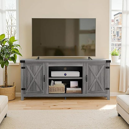 YESHOMY Modern Farmhouse TV Stand with Two Barn Doors and Storage Cabinets for Televisions up to 65+ Inch, Entertainment Center Console, Media Furniture for Living Room, 58 Inch, Gray Wash & Rustic