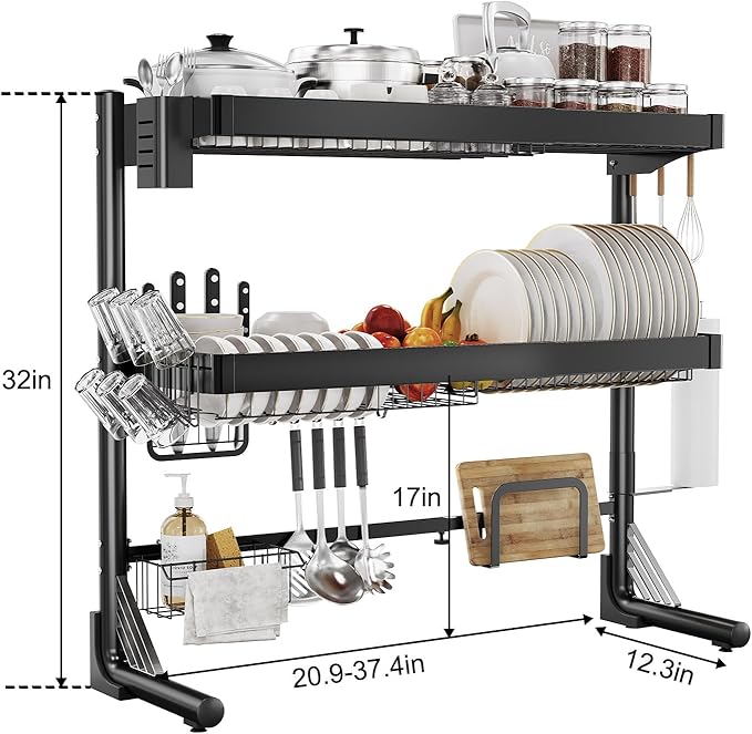 Over Sink Dish Drying Rack, 3-Tier Full Stainless Steel Drainer Dish Rack Adjustable 20.9''-37.4'', Expandable Multifunctional Kitchen Organizer
