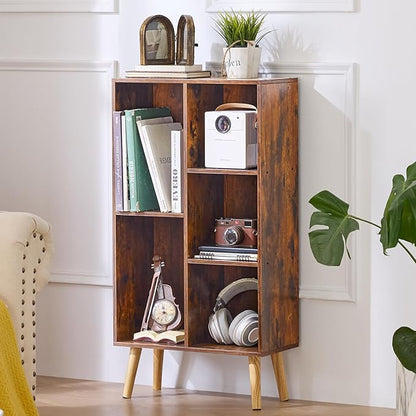 LEYAOYAO 5 Cube Small Bookshelf,3 Tier Mid-Century Bookcase with Legs,Wood Bookshelves Storage Organizer Shelf,Narrow Book Shelves,Brown Bookcases