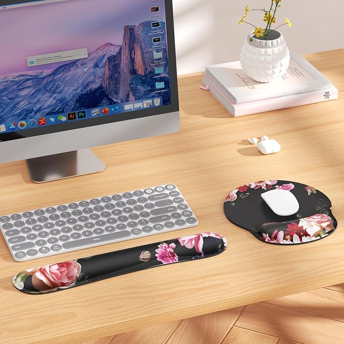 KTRIO Keyboard Wrist Rest & Mouse Pad with Wrist Rest Set, Peony Flower | Memory Foam Wrist Support, Ergonomic Design, Non-Slip Base, Office and Home Use