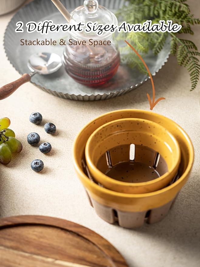 Gomakren Fruit Bowl with Holes, Ceramic Berry Basket Set of 2, 5.8 Inch Round Fruit Storage Containers, Strawberry Baskets, Farmhouse Kitchen Decor, Yellow + Brown