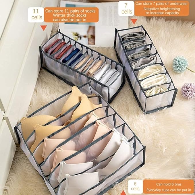 TOPARCHERY 3 Set Underwear Organizer, Foldable Bra Underwear Drawer Organizer Divider Bins for Underwear, Socks, Ties, Bras, Underwear Storage Compartment Box (Gray)