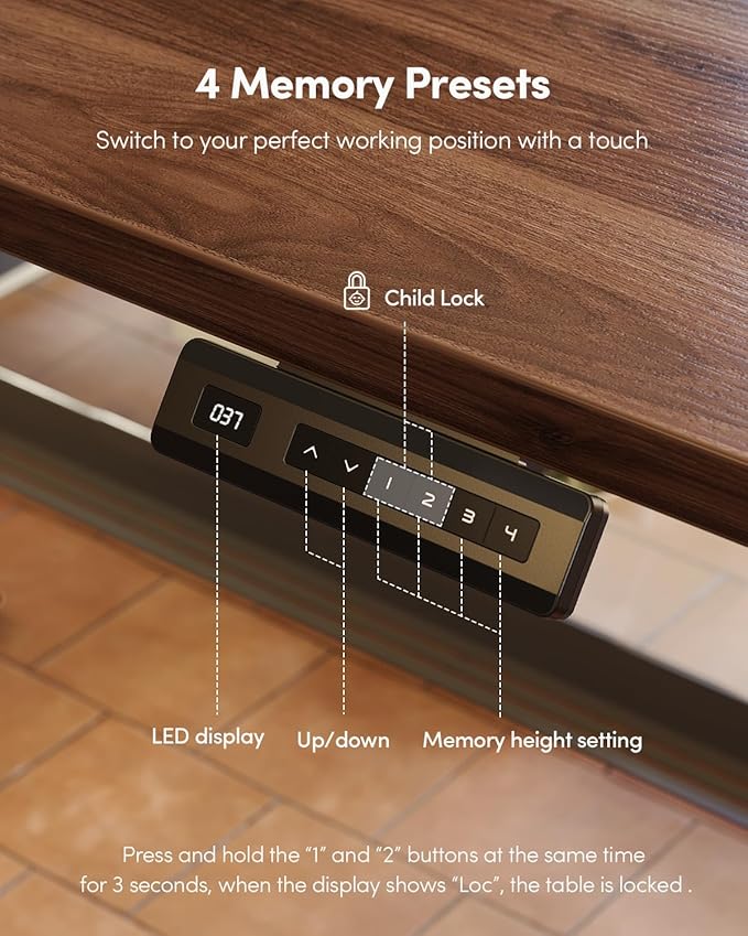 FEZIBO One-Piece Standing Desk Adjustable Height Stand up Home Office Desk, 48x24 Inch Electric Standing Computer Desk, with 4 Memory Presets, Headphone Hook, Black Walnut