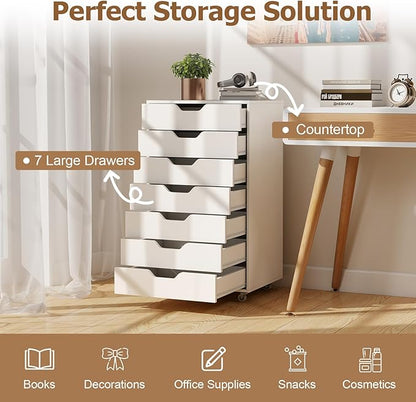 Giantex Drawers Cabinet Mobile Lateral Filing Organizer with 7 Drawers and Wheels Mobile Side Cabinet Chest for Home Office Storage Use 7-Drawer Dresser (19” x 16” x 34.5”, White)