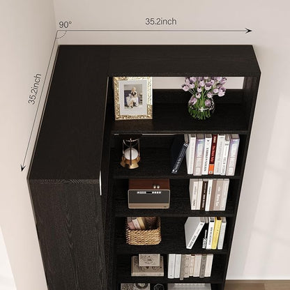 4 EVER WINNER Corner Book Shelf with LED Lights, 71” High Coner Bookshelf with Storage for Living Room, Study Room, Modern Storage Display Industrial L Shaped Bookshelf, Black