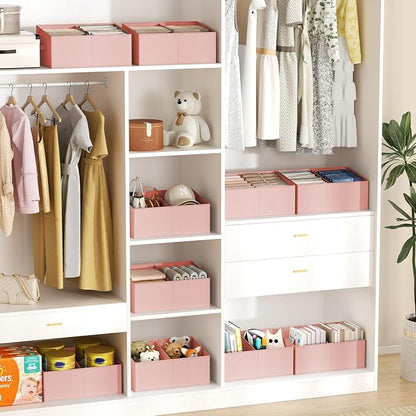 DIMJ Large Closet Shelf Organizer Bins 8 Packs with Handles and Divider, Fabric Trapezoid Storage Baskets, Foldable Clothes Containers Box for Shelf, Towel, Book, Toy, Purse, Hats, Pink