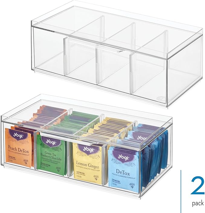 iDesign XL Tea Bag Organizer for Counter, 4-Section Clear Stackable Tea Storage Drawer for Cabinet, 2-Pack