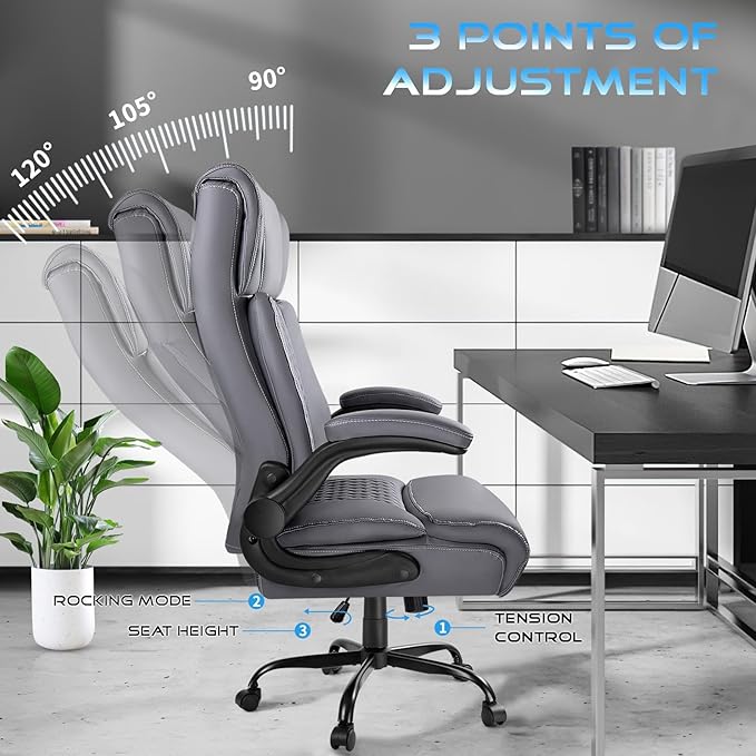 VITESSE Heavy Duty Office Chair, Executive Office Chair with Flip up Armrest,Ergonomic High Back Computer Gaming Chairs Home Office 400lbs, Big and Tall Office Chairwith Lumbar Support（Gray）