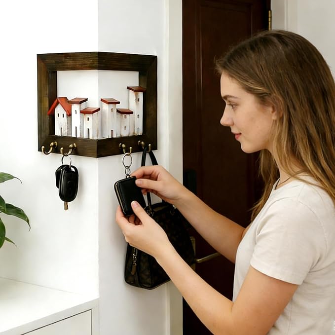 3D Key Holder Wall Mount, Rustic Wood Keys Hanger Organizer Rack for Wall with 4 Hooks and Village Scene, for Farmhouse Entryway Hallway Bedroom, Drilling and Assembly Required (Rustic)