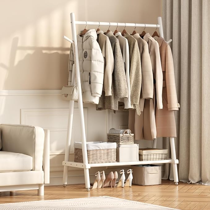 Solid Wood Clothes Rack, Clothing Rack for Hanging Clothes, Hanging Racks for Clothes with Shelves Load 350 Lbs Garment Rack (White)