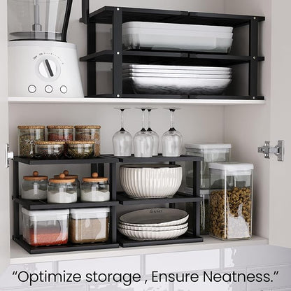 4 Pack Bamboo Corner Shelf,3 Tier Kitchen Cabinet Organizer for Plates and Dishes,Pantry Storage and Spice Rack（Black）