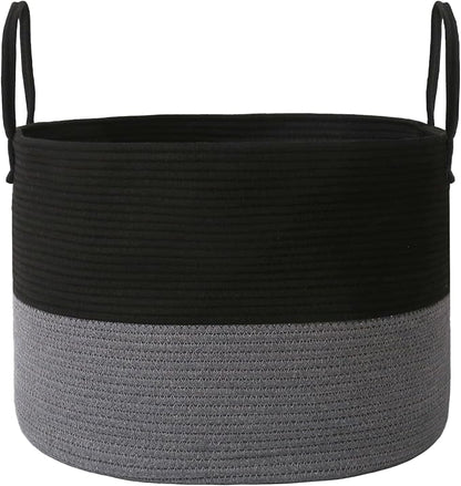 JMvicyroam 115L Extra Large Blanket Basket for Living Room - Woven Cotton Rope Laundry Hamper with Reinforced Handles - Storage Bin for Pillows, Comforters & Toys - Machine Washable, Black&Grey