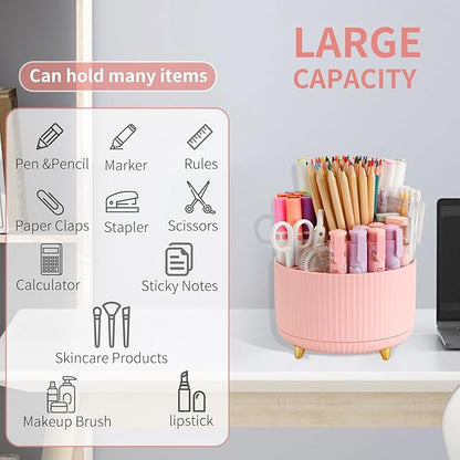 Camelmother Pen Holder For Desk With 5 Slots 360°Rotating Pencil Holder Makeup Organiezr Teacher Supplies Office decor (pink)