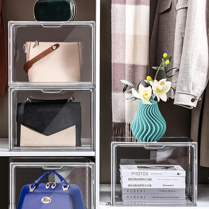 4 Packs Clear Plastic Handbag Storage Organizer for Closet, Large Acrylic Display Box forPurse and Handbag, Stackable Storage Boxes Bag Organizer with Magnetic Door for Purse Clutch Wallet Book