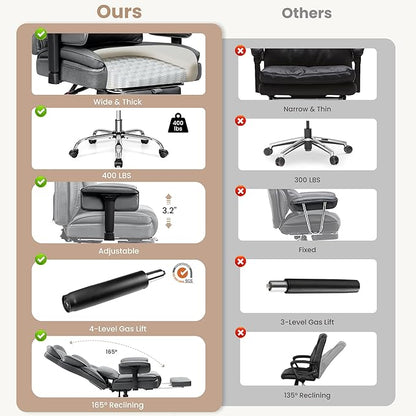 Big and Tall Office Chair - High Back Executive Chair with Footrest & Lumbar Support for Heavy People, Adjustable Arms, Padded Wide Seat Computer Gaming Chair, Heavy Duty, Gray