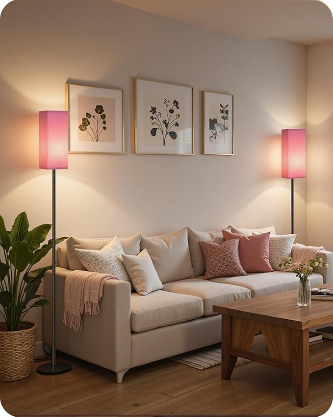64.2” Dimmable Floor Lamp for Living Room with Remote and Foot Switch, Corner Floor Lamp for Bedroom, Includes 10W A19 Bulb, Modern Standing Tall Lamp, ETL Listed Pink and Black P17LD05