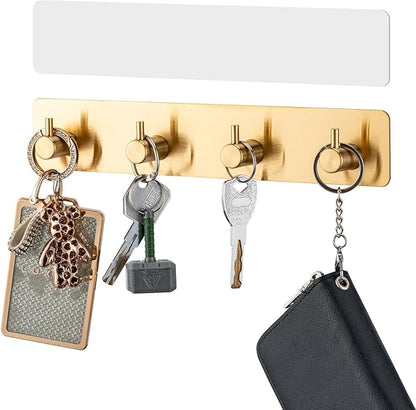 Key Holder with 4 Hooks,Key Hanger Organizer for Wall Mount with 2 Self-Adhesive Tapes,Metal Key Rack for Entryway, Door, Bathroom, Kitchen(Golden)