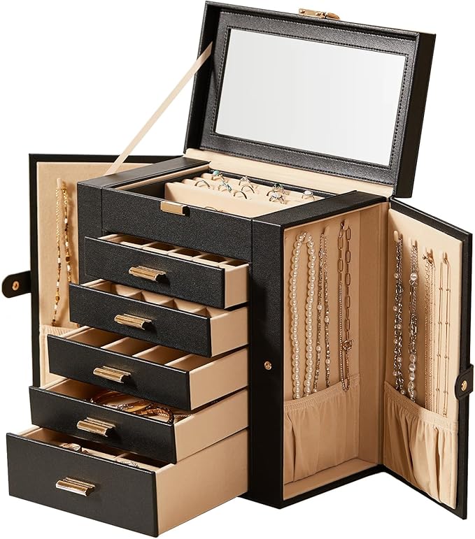 Large Leather Jewelry Box Organizer 6 layer Jewelry Storage Case for Women Girls Ring Necklace Earring Bracelet Holder with Mirror Christmas Gift(Black)